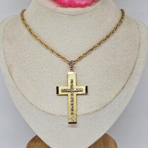 Vintage Gold Tone Rhinestone Cross Pendant Chain Necklace 24"